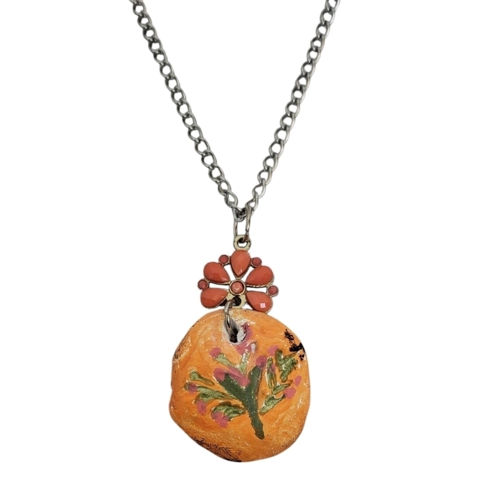 Air Dry Clay Vintage Button Inlay Flower Orange Green Stainless Steel Necklace